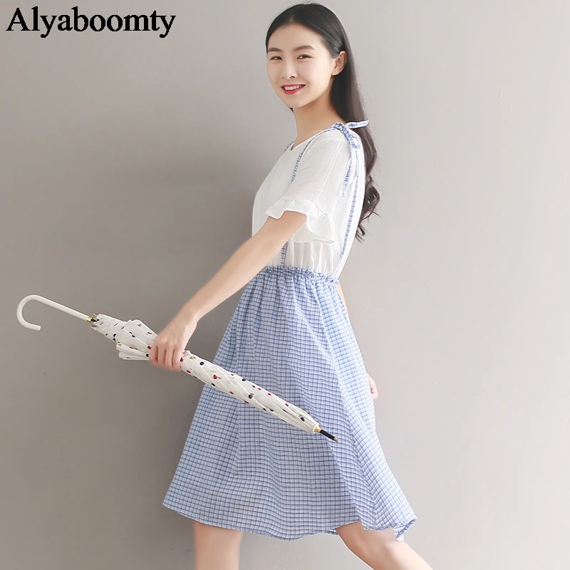 Школьный стиль лето Для женщин Милое Платье контрастный цвет клетчатый Femininos