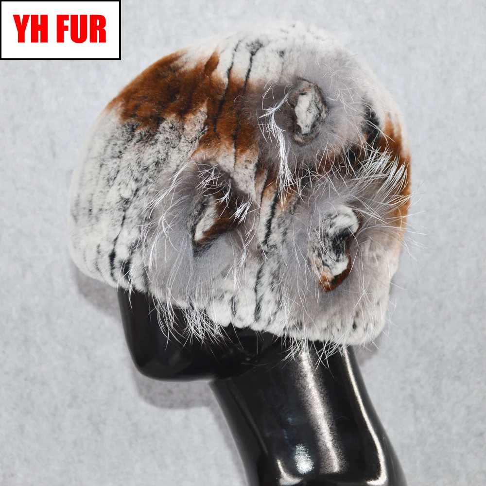 Ручной вязки для женщин 100% настоящий мех кролика шапка Топ лисий кепки с цветами