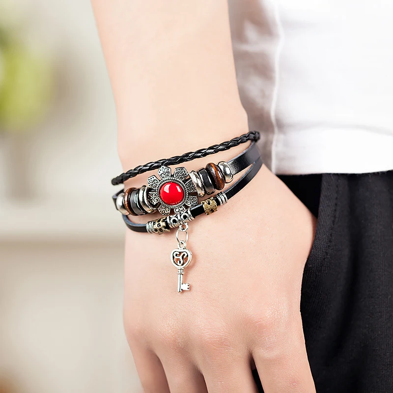 Hot Selling Vintage Leather Jewelry For Men Cheap Price Handmade Metal Key Charm Bracelet Trendy Bohemia Red Stones | Украшения и