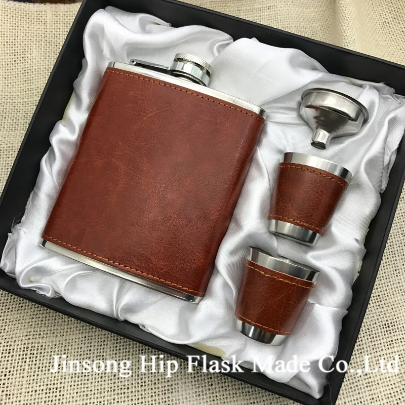Бесплатная доставка плоская фляжка с кожаной обмоткой 7 унций 2 чашками и