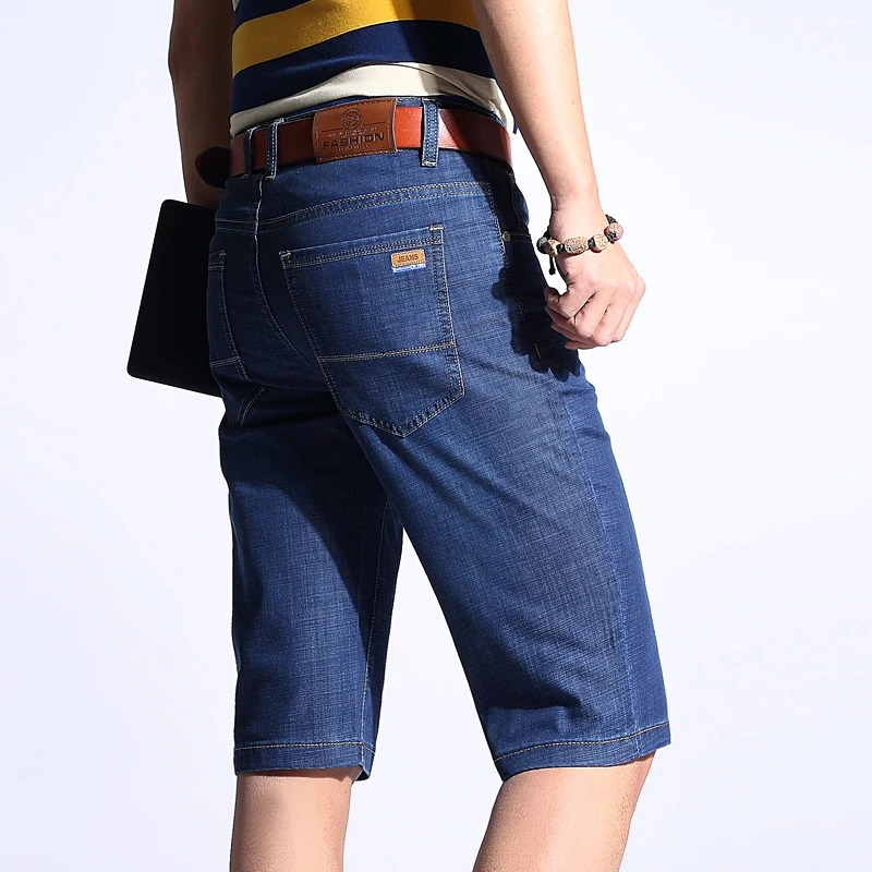 Summer Shorts Men Jeans Straight Solid Blue Stretch Thin Regular Fit Business Casual Breathable Soft Material Mens Short | Мужская
