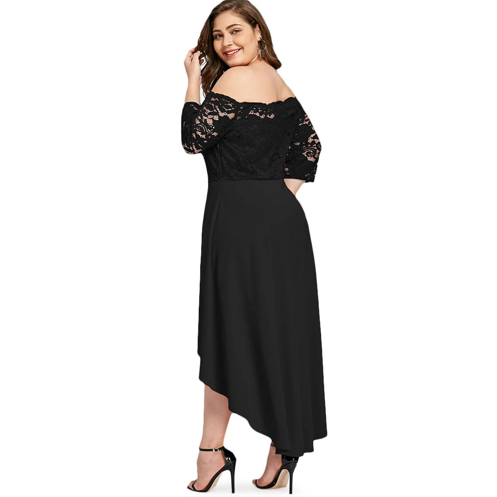 ROSEGAL размера плюс 5XL 4XL с открытыми плечами Высокая Низкая кружево Dip Hem Partty Платье женское элегантное асимметричное платье длиной до лодыжки Vestidos