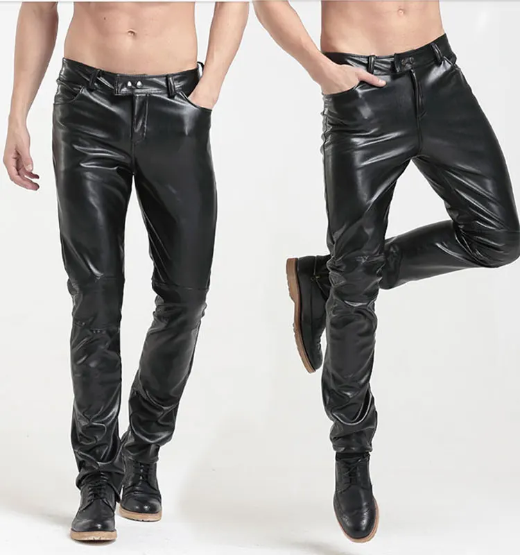 Мужские Nigthclub Slim Fit эластичный черный искусственного кожаные брюки, мужские Бизнес плотные эластичные штаны из искусственной кожи Блестящие Брюки-карандаш