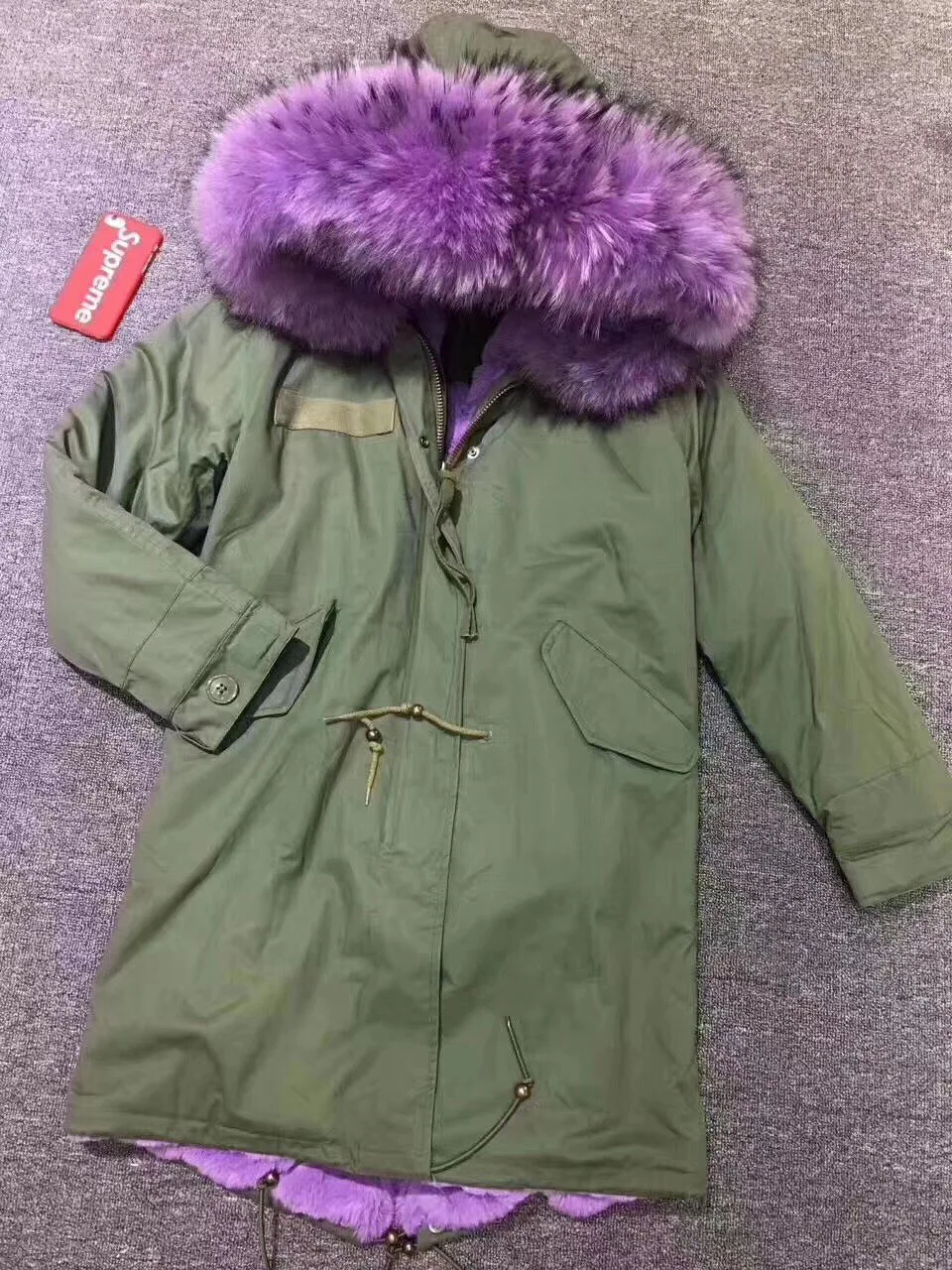 

Meifng Winter New Style Furs Coat Thickness Faux Fur Lined Lilac Color Winter Long Army Green Coat