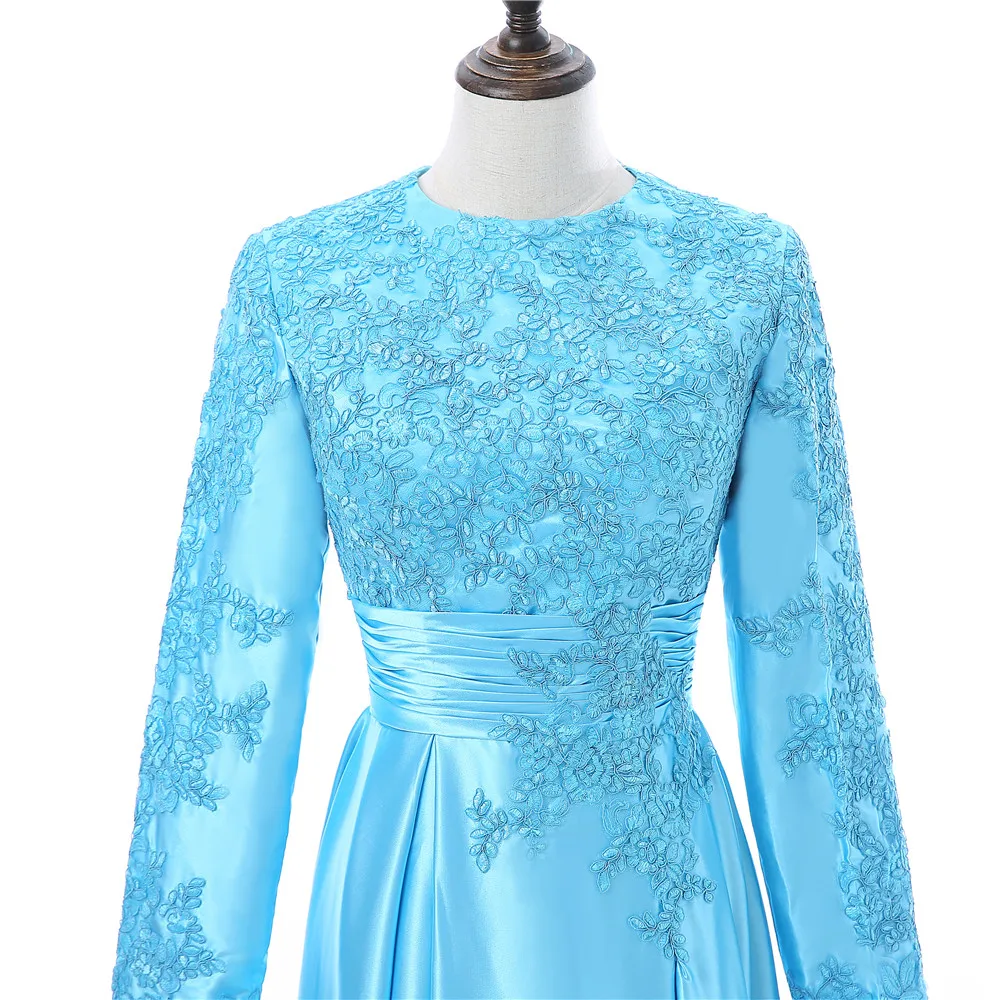 

Turquoise Muslim Evening Dresses A-line Long Sleeves Chiffon Appliques Islamic Dubai Kaftan Saudi Arabic Long Evening Gown
