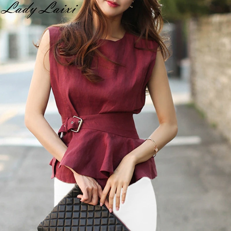 

High Quality Summer Women Fashion Shirts O-neck Sleeveless Belted Blouse Elegant cotton Linen Tops Femme Chemise Blusas