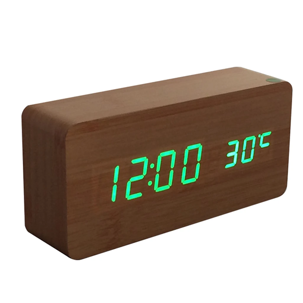 

New Hot Sale Wooden Digital Green LED Alarm Clock Sound Control Temperature Display Brown Bedroom Home Decoration Birthday Gift