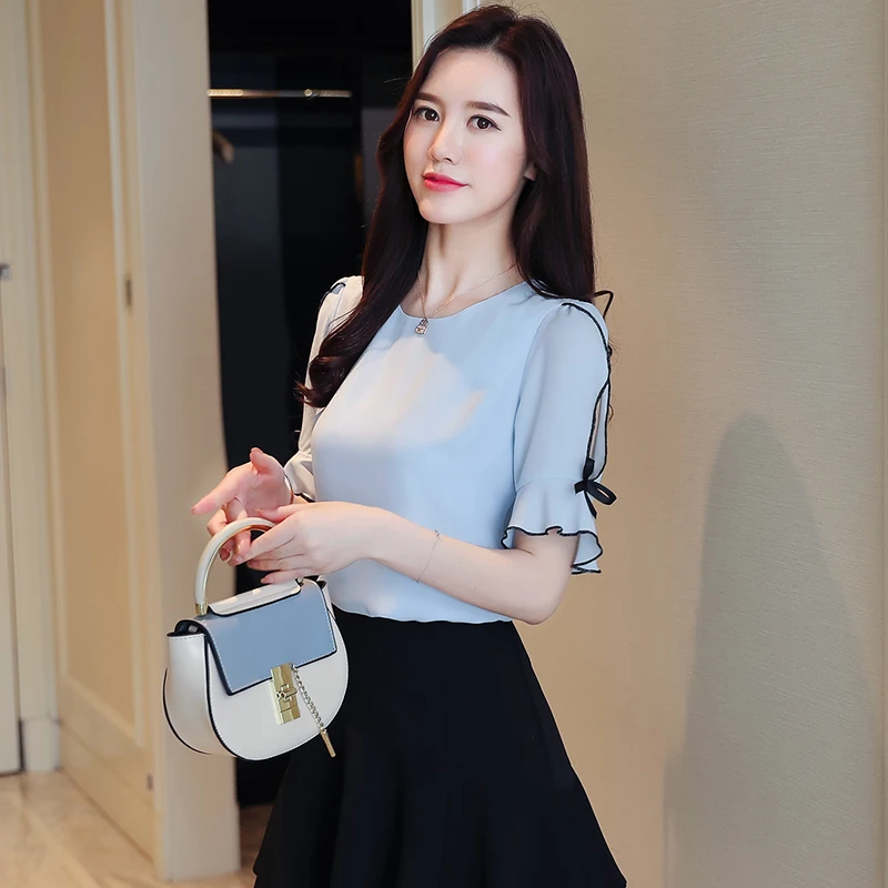 

New 2019 fashion chiffon women blouse shirt short sleeve Summer tops Shirts O-neck sweet blouse women's Clothing Blusas