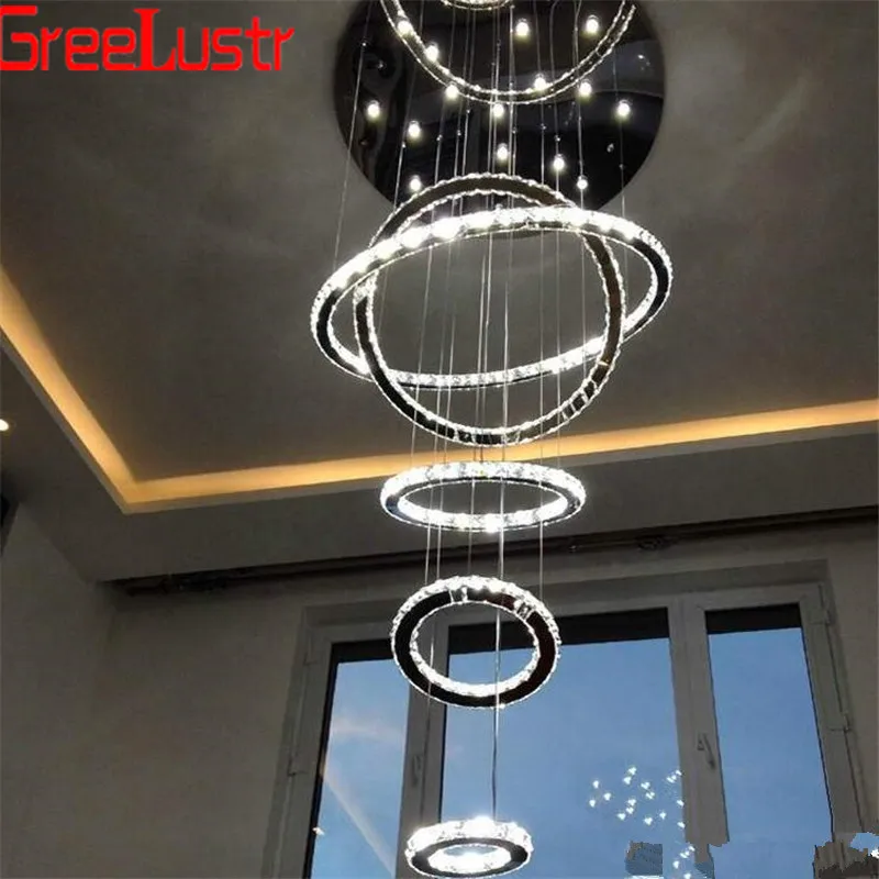 

Large Luxury Crystal LED Chandelier Lighting Fixture 5 Rings Circle LED Crystal Pendant Hanging Lamp Stair Hall Dimming Lustres