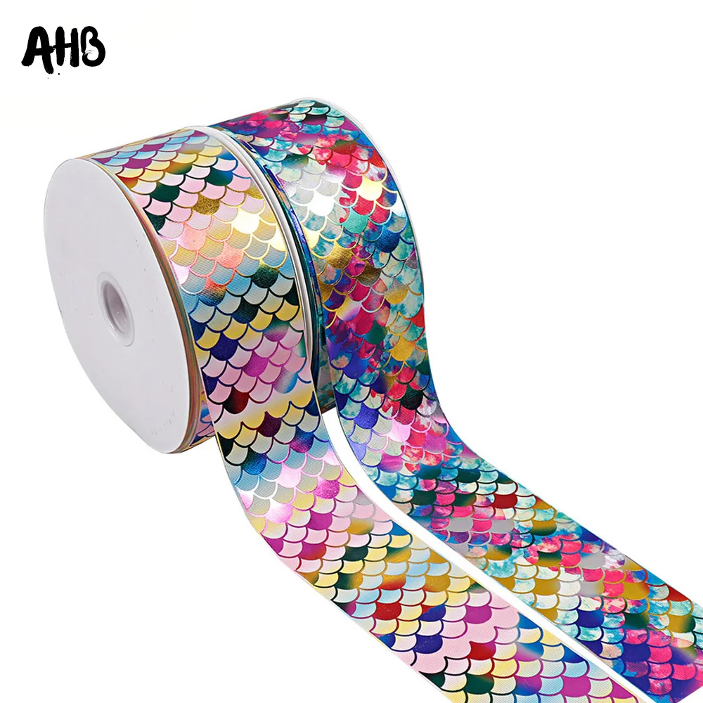 

AHB 3" Grosgrain Ribbon 75mm Colorful Mermaid Printed Ribbon DIY Hair Accessories Gift Wrapping Handmade Materials 2Yards/bag