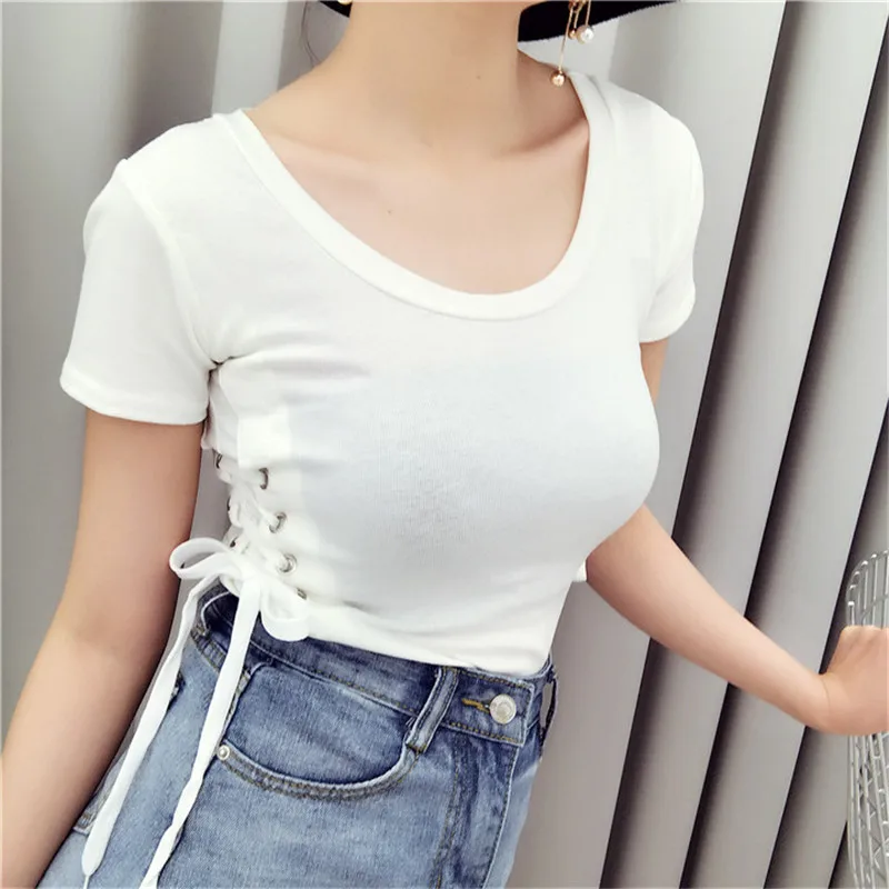 2017 Solid Short Sleeve Women O-Neck Top Tees Lace Up Casual Slim Female Femmes T-Shirt | Женская одежда