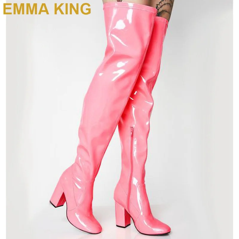 

Chic Square Toe Thigh High Boots Patent Leather Women Over The Knee Boots Chunky Heels Sexy Ladies High Boots Neon Pink/Purple