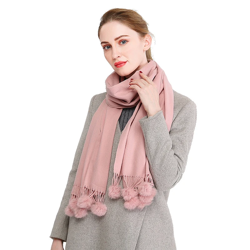 

Women Pashmina Cashmere Scarf Long Winter Warm Shawl with PomPom Foulard Femme Stole Neck Wool Scarves Kerchief Bufanda