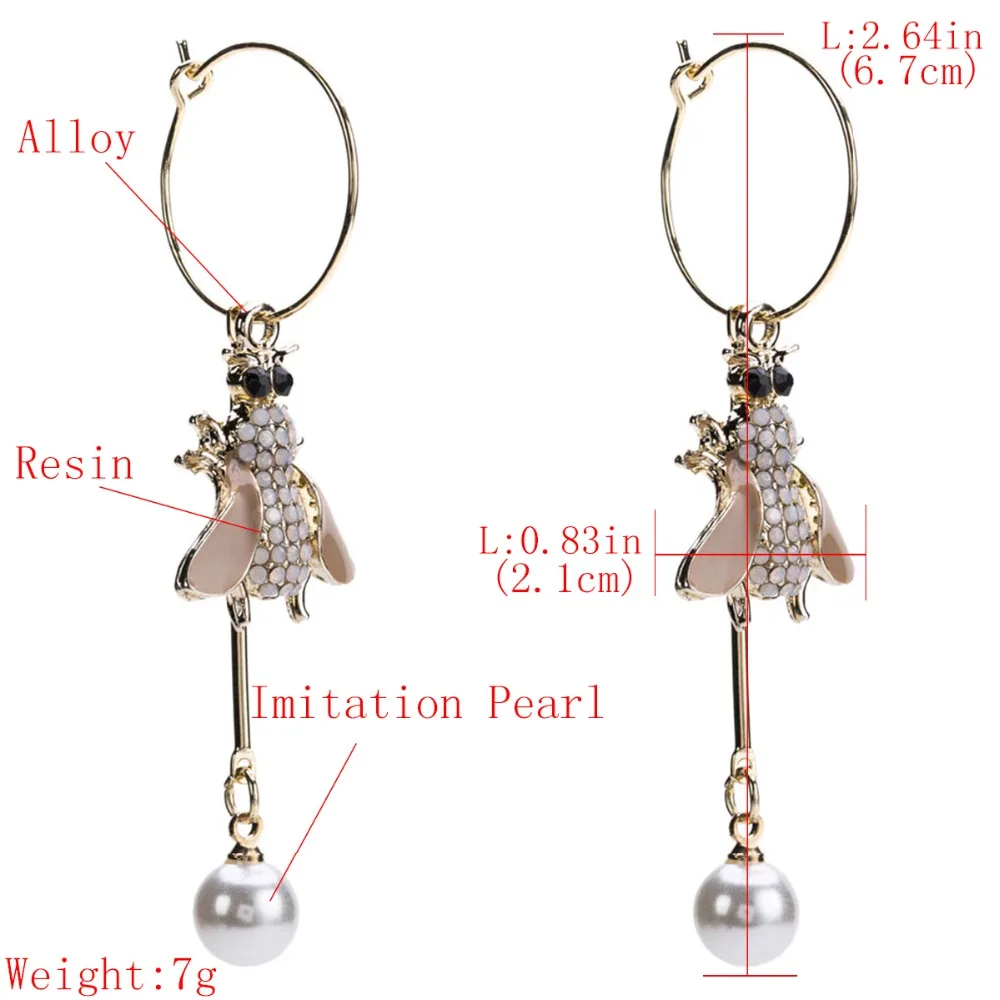Nihaojewelry Romantic Lovely Bee Pendant Earrings Pearl Long Metal Circle for Women Fashion Accessories | Украшения и аксессуары