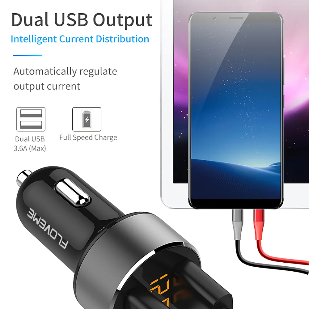 

3.6A Car Charger LED Display USB Phone Charger Phone Adapter for Xiaomi Samsung For iPhone 12 11 Pro 7 8 Plus Mobile Car Charger