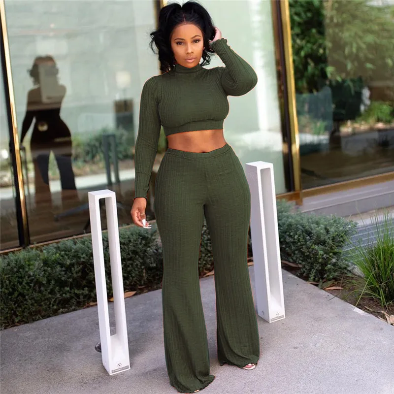 Sexy Knitted Ribbed Two Piece Set Women's Outfits Long Sleeve Turtleneck Crop Top+ high waist Wide Leg Pants Casual Sweat Suits | Женская