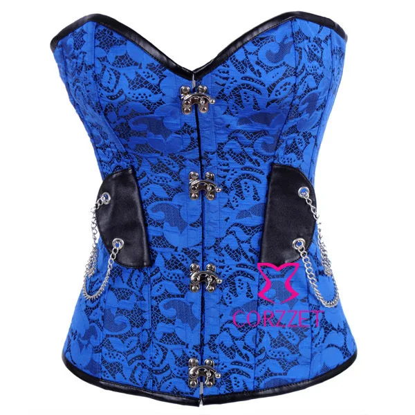 Blue Jacquard Dobby Ring Buckle Chains Steampunk Women Steel Boned Waist Trainer Corset Overbust Corselete Bustiers And Corsets