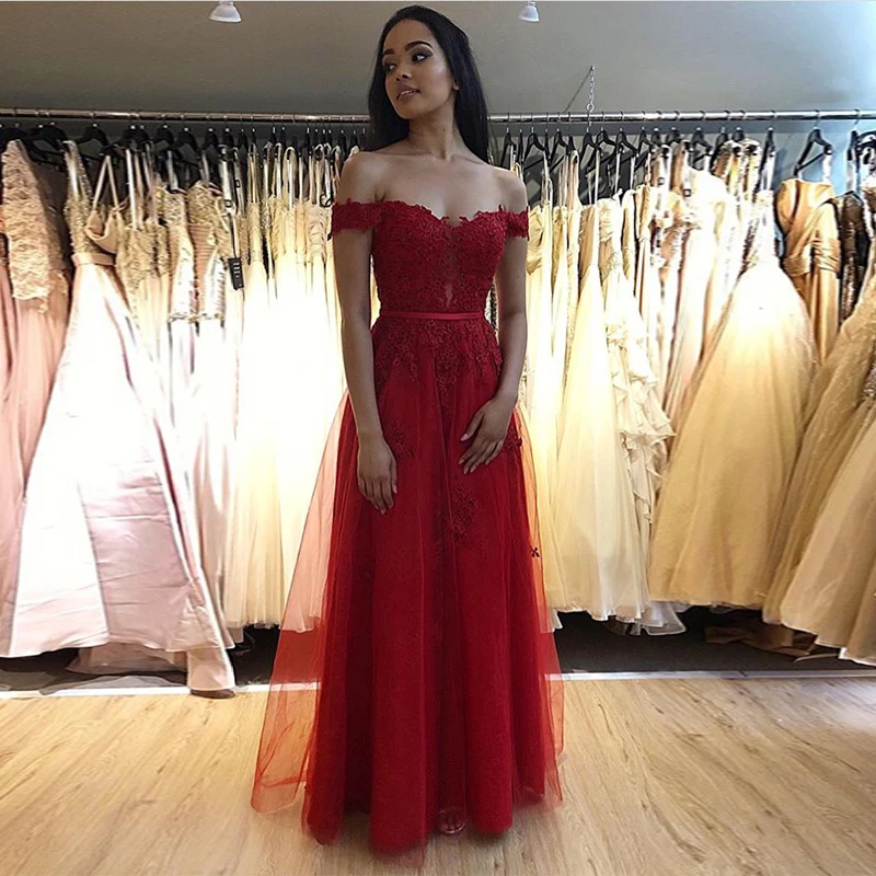 

Sexy Off Shoulder Long Red Champagne Prom Dress 2019 New Arrival Formal Party Dress Full Length Appliques Special Occasion Gowns