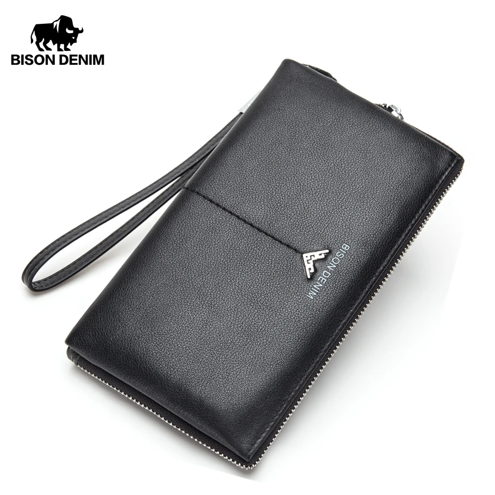 Мужской кошелек из натуральной кожи BISON DENIM черный вместительный клатч воловьей