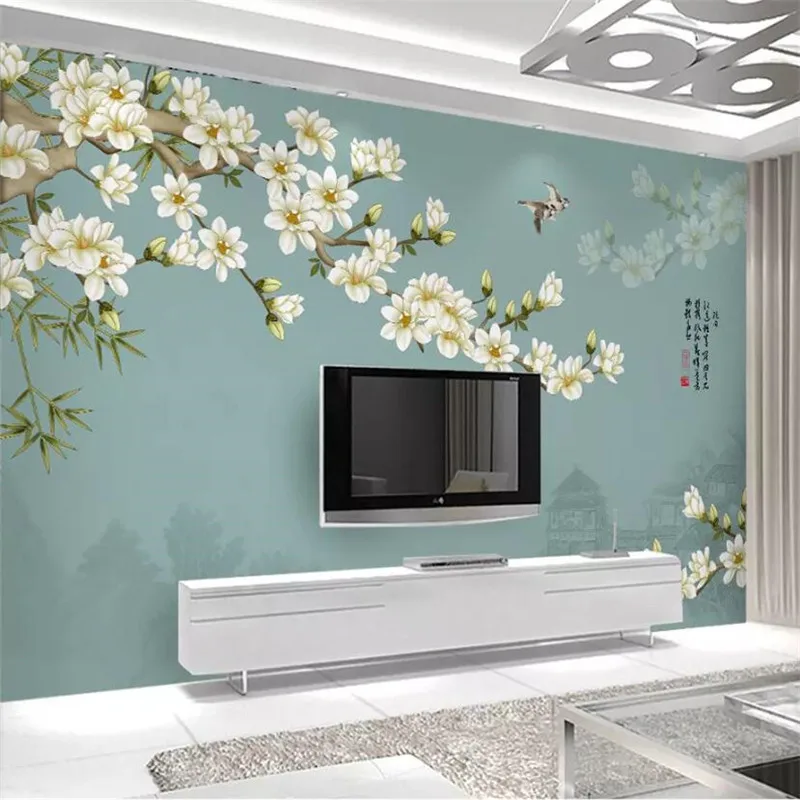 

beibehang Custom wallpaper 3d mural fresh modern minimalist new Chinese hand painted magnolia bird TV background wallpaper mural