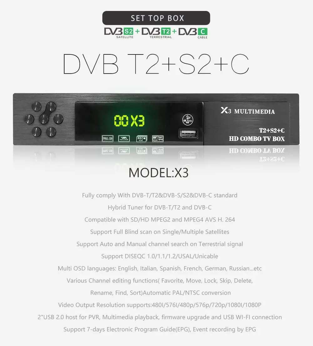 Vmade UHD DVB-T2/S2+ DVB-C комбинированный цифровой наземный спутниковый ТВ приемник Поддержка Cccam Bisskey IP tv AC3 H.264 MPEG4 ТВ-тюнер