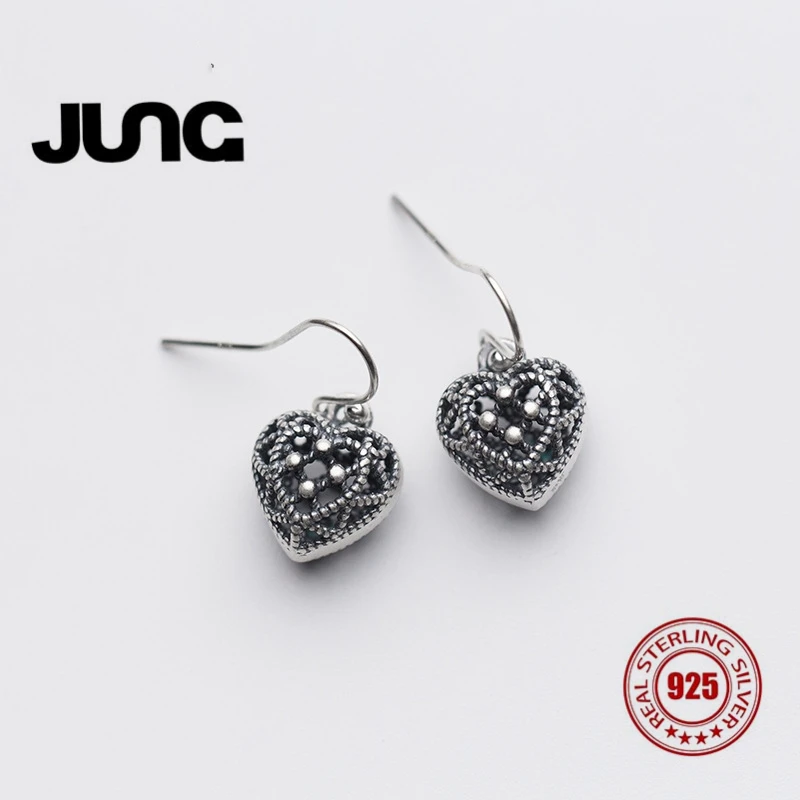JUNG 2018 Ethnic Folk Style Hollow Love Heart Vintage Thai Silver Drop Earrings 925 Sterling For Women Jewelry E8023 | Украшения и