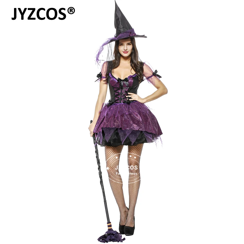 JYZCOS новые женские фиолетовый костюм ведьмы на Хэллоуин для Для женщин Маскарад