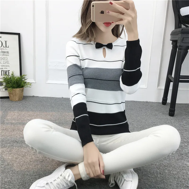 Female Winter &amp Spring Knitted Cute Bow Tie Striped Regular Short Pullover Sweater Ladies Casual All-match Wear Blouse | Женская