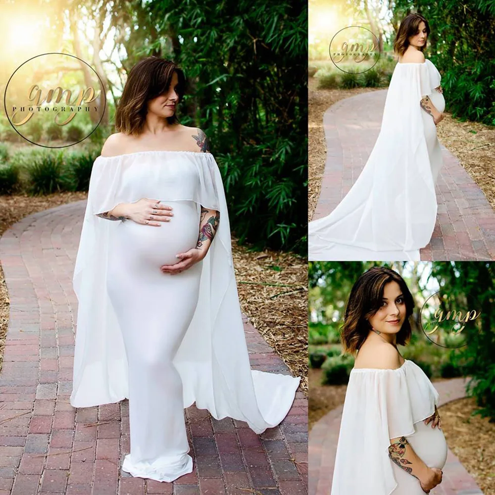 

Photo Shoot Props Maxi Cloak Maternity Dress Slash Neck Pregnant Chiffon Cape Trainling Gown for Women Photography Accessories