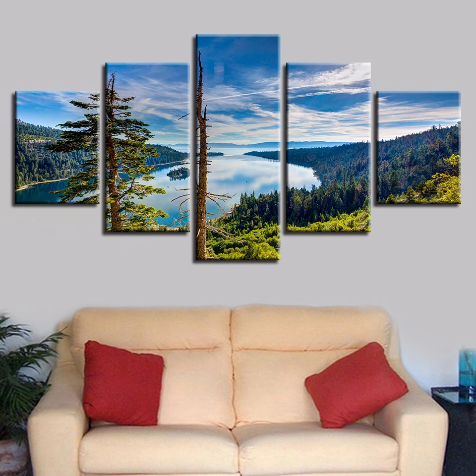 

Modular Pictures Art 5 Pieces Printing Forest Lake Blue Sky White Cloud Canvas Room Wall Decor Natural Landscape Poster Painting