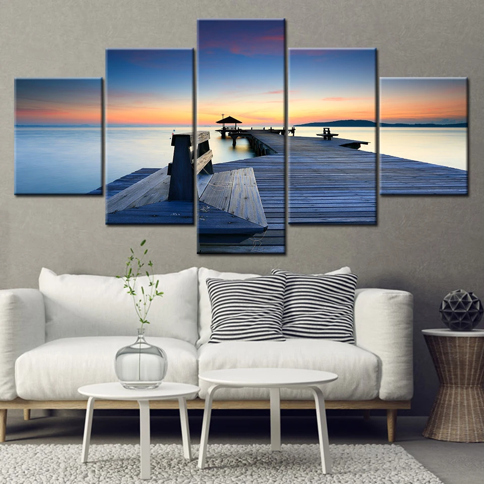 Картина на холсте деревянный мост рассвет морской пейзаж 5 шт. настенная живопись