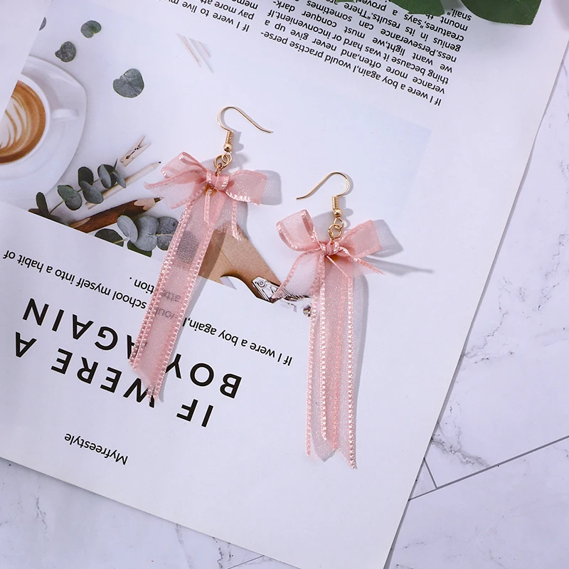 pierced Бренд Grace Jun розовый цвет кружева Ribbion длинный бант клипсы для женщин партии выпускного вечера Элегантный золотой цвет пирсинг серьги Новинка - Окраска металла: pierced