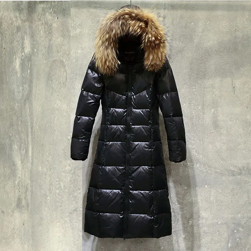 6XL, плюс размер, зимнее пуховое пальто для женщин, глянцевая парка с капюшоном, большой меховой воротник, меховые пальто, высокое качество, теплые зимние пуховики 727
