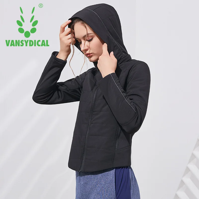 Vansydical Winter Sports Cotton-padded Jacket Women's Hooded Windproof Workout Sportswear Tops Fitness Running Yoga Jacket