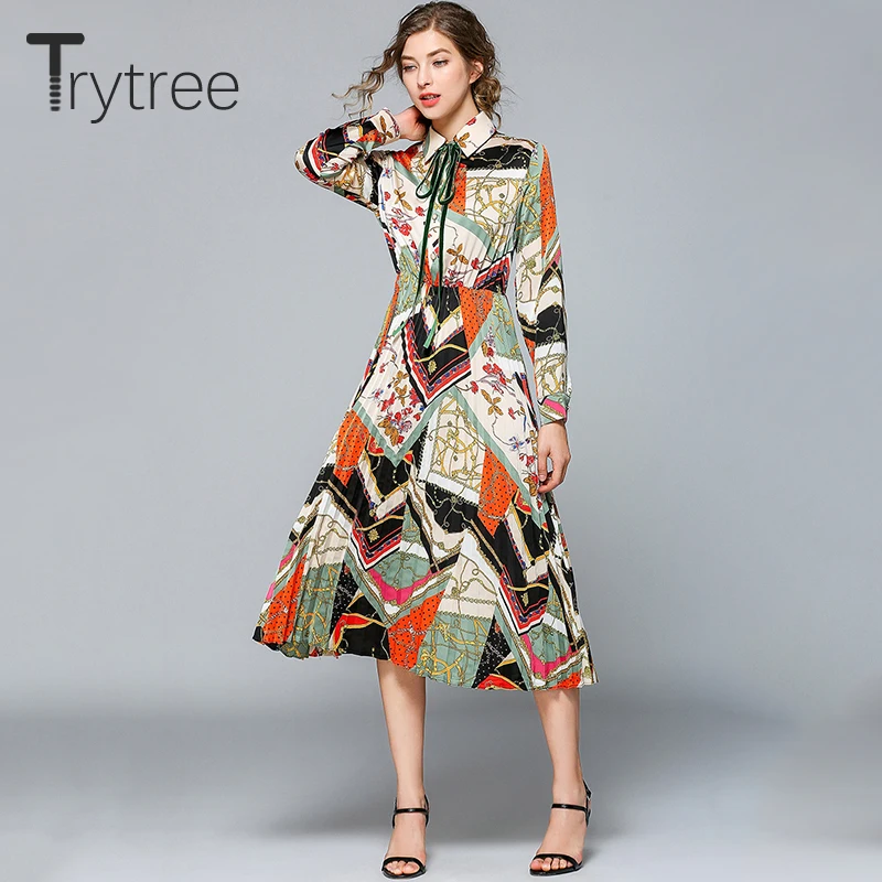 Trytree 2019 лето осень повседневное элегантное платье богемный принт отложной
