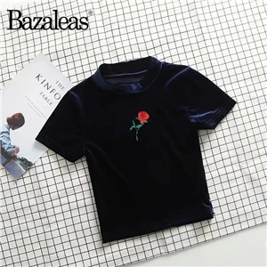 Bazaleas бархатный розовый сексуальный укороченный топ тонкая футболка harajuku укороченная женская футболка с вышивкой розы базовые винтажные Топы Прямая поставка - Цвет: W2580 navy