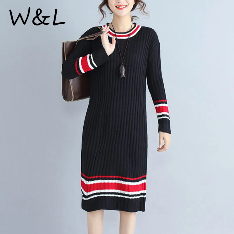 2017 плюс Размеры Для женщин Платья свитеры Зимний вязаный пуловер в полоску