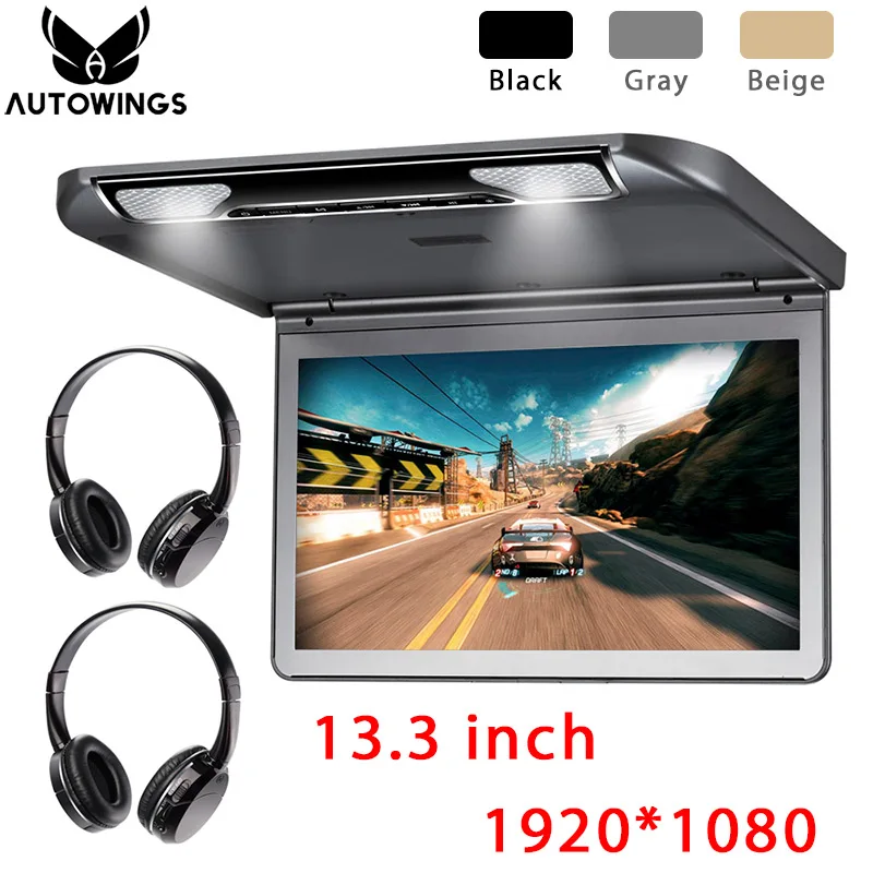 Buy 1920*1080 Car Ceiling Overhead Flip Down Monitor 13.3" MP5 Video Player Built-in Speaker FM DMI SD All Format 2 IR Headphones on