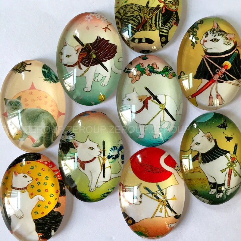 ZEROUP 30*40mm oval glass cabochon cat pictures mixed pattern fit base setting for jewelry embellishment flatback 10pcs/lot | Украшения и