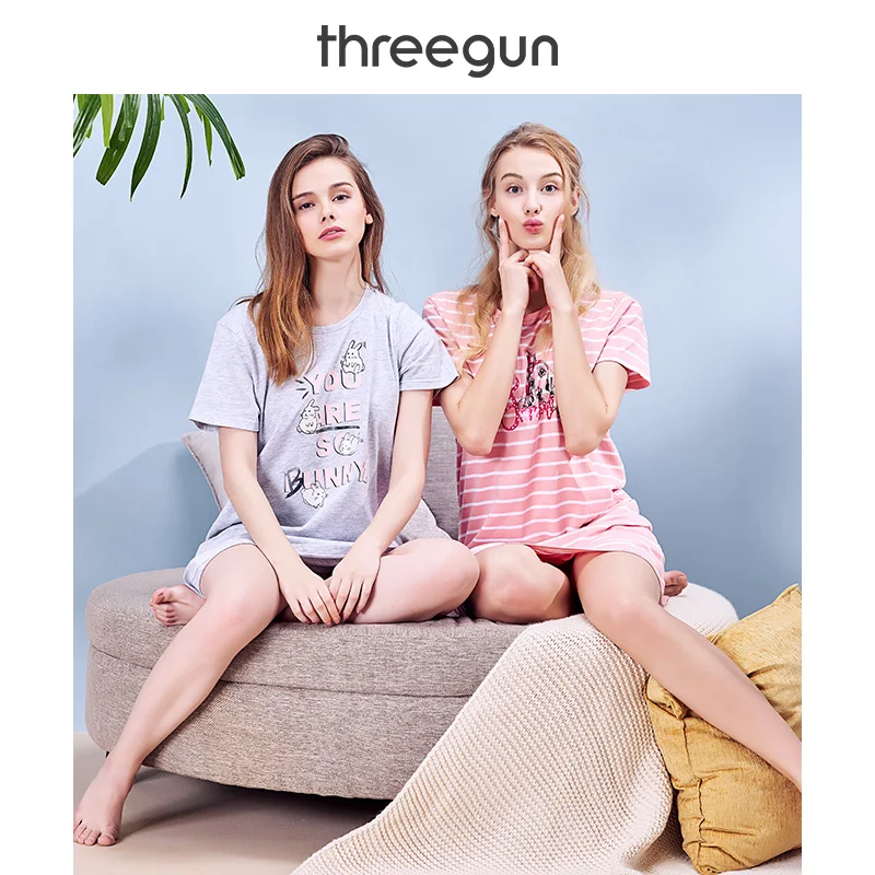THREEGUN ночная рубашка для женщин из хлопка в полоску новое нижнее белье с принтом ночная рубашка дышащая с круглым вырезом платье для сна Женская одежда для отдыха