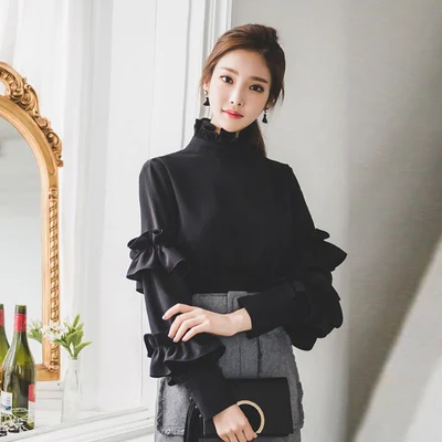 

TUHAO Spring Autumn Women elegant vintage high quality black Shirt Petal Sleeve Ruffled Floral Casual Style Shirt QH36