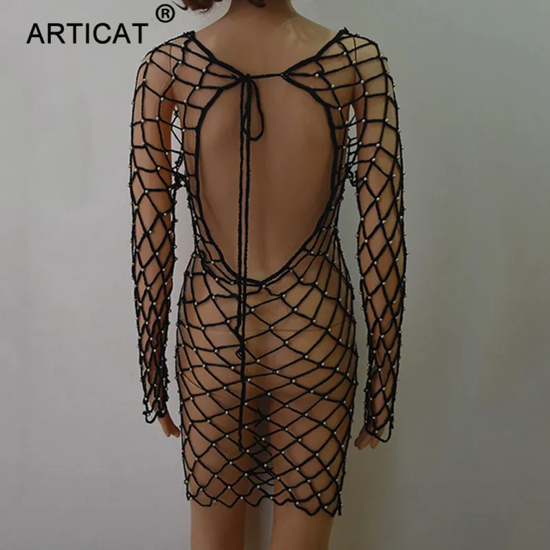 Женское ажурное платье Articat черное прозрачное платье-мини с открытой спиной и