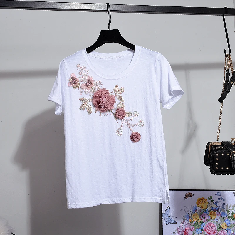 Denim Shorts Pants Suits Summer 2019 Woman Newv Flowers Embroidered with Sequins Short Sleeved T-shirt + Suit Sets |