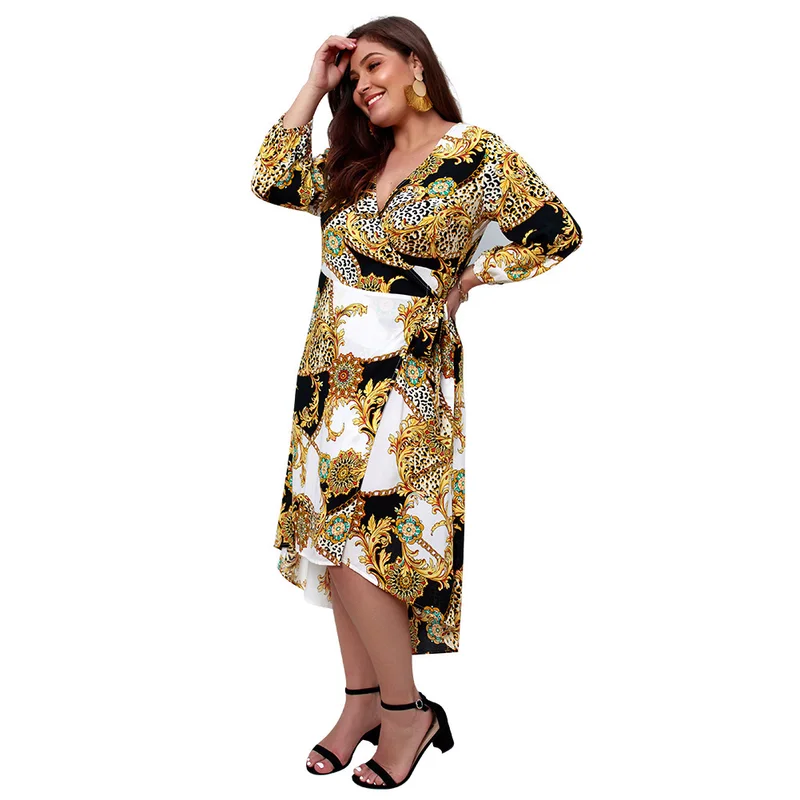 Women Dress Plus Size Fat Mm Large Spring Summer Nine-point Sleeve V-neck Print Lace Up A-line Midi Vestidos Office | Женская одежда
