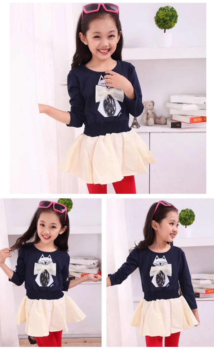 

3-10Y Kids Dress For Girls Long Cartoon Cat Printed Teenage Girls Party Dress Spring Autumn Children Clothes girl Splice dresses