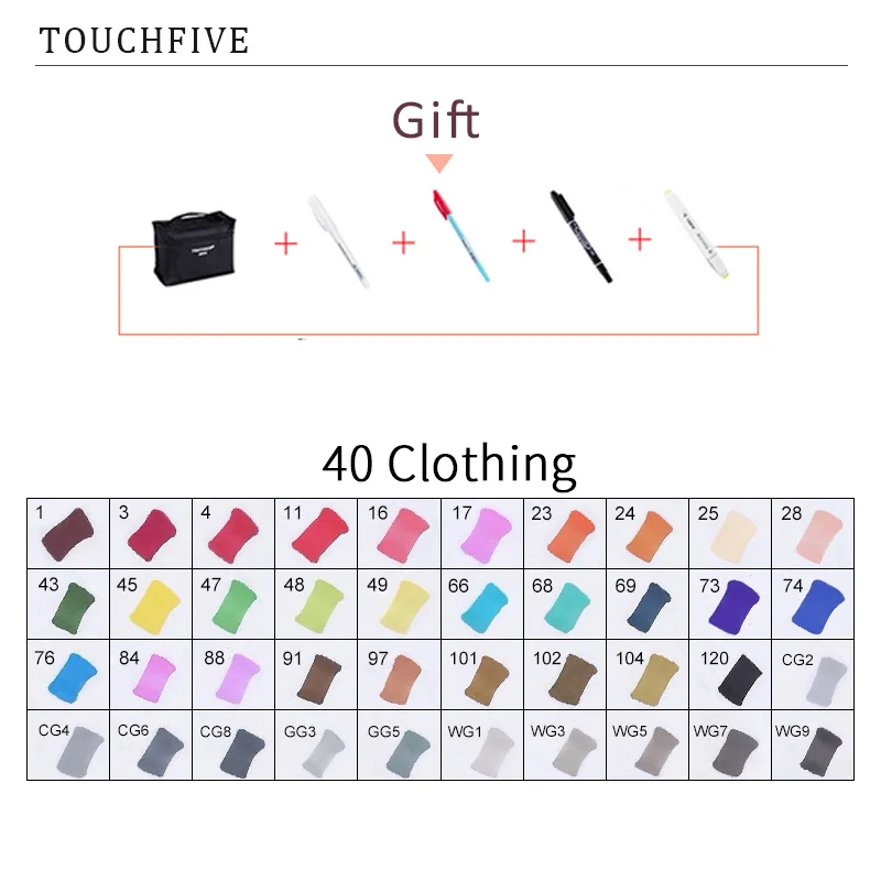 40 CLOTHING TouchFIVE 20 Вт, 30 Вт/40/60/80 Цвет маркеры манга рисунок Маркеры Ручка на спиртовой основе эскиз жирной двойной кисть товары для рукоделия - Цвет: 40 CLOTHING