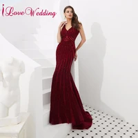 new fashion sexy v neck wine red crystal beaded custom formal long prom dress party mermaid dress