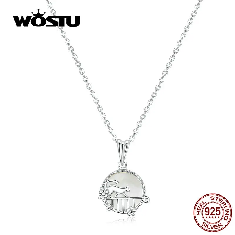 WOSTU,, 925 пробы, серебряное ожерелье, Китти, кот, ходьба на балкон, длинная цепочка, ожерелье для женщин, ювелирные изделия дружбы FIN334