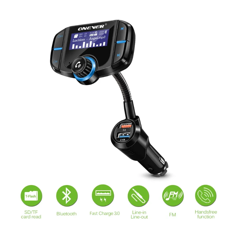 ONEVER FM передатчик Bluetooth Car Kit Hands Free 2 порта USB быстрое зарядное устройство 1.65
