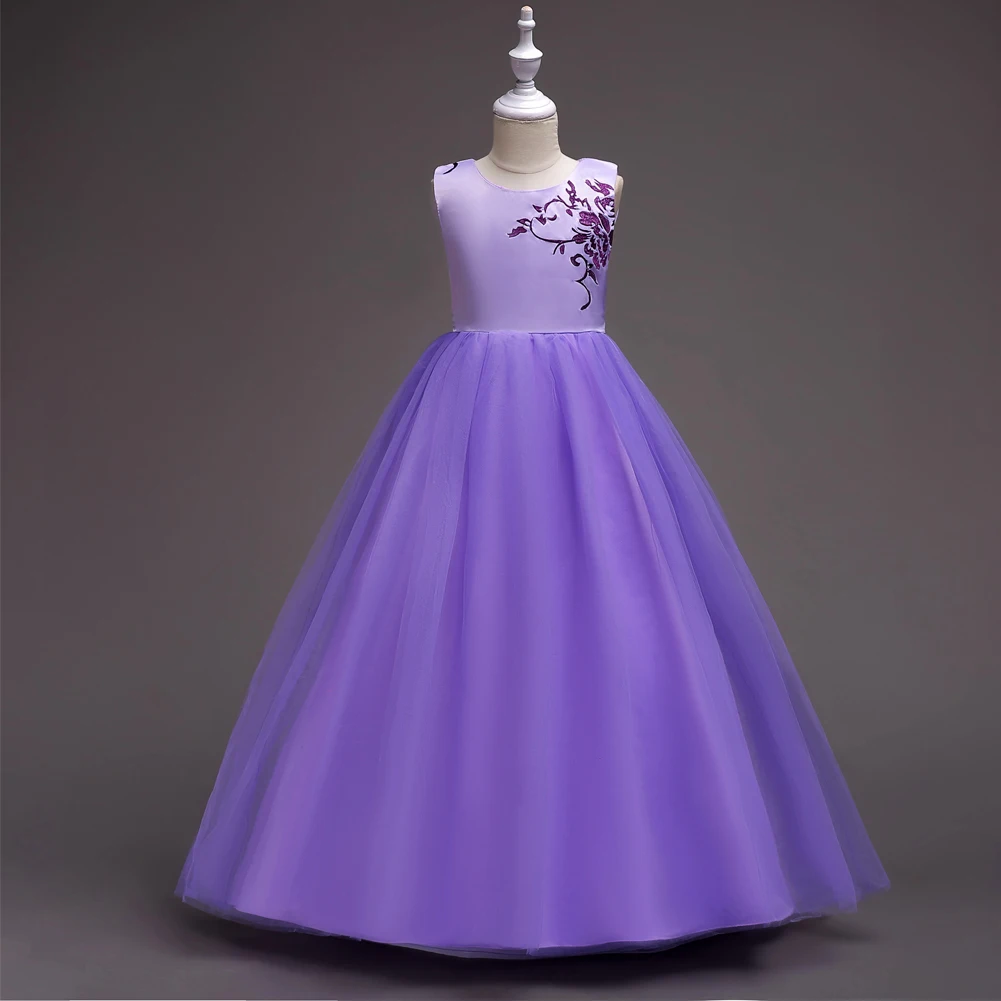 New Arrival 2019 Mint Green Light Blue Lavender White Embroidery Flowers Princess Long Dress Eveving Party for Wedding Girls | Детская